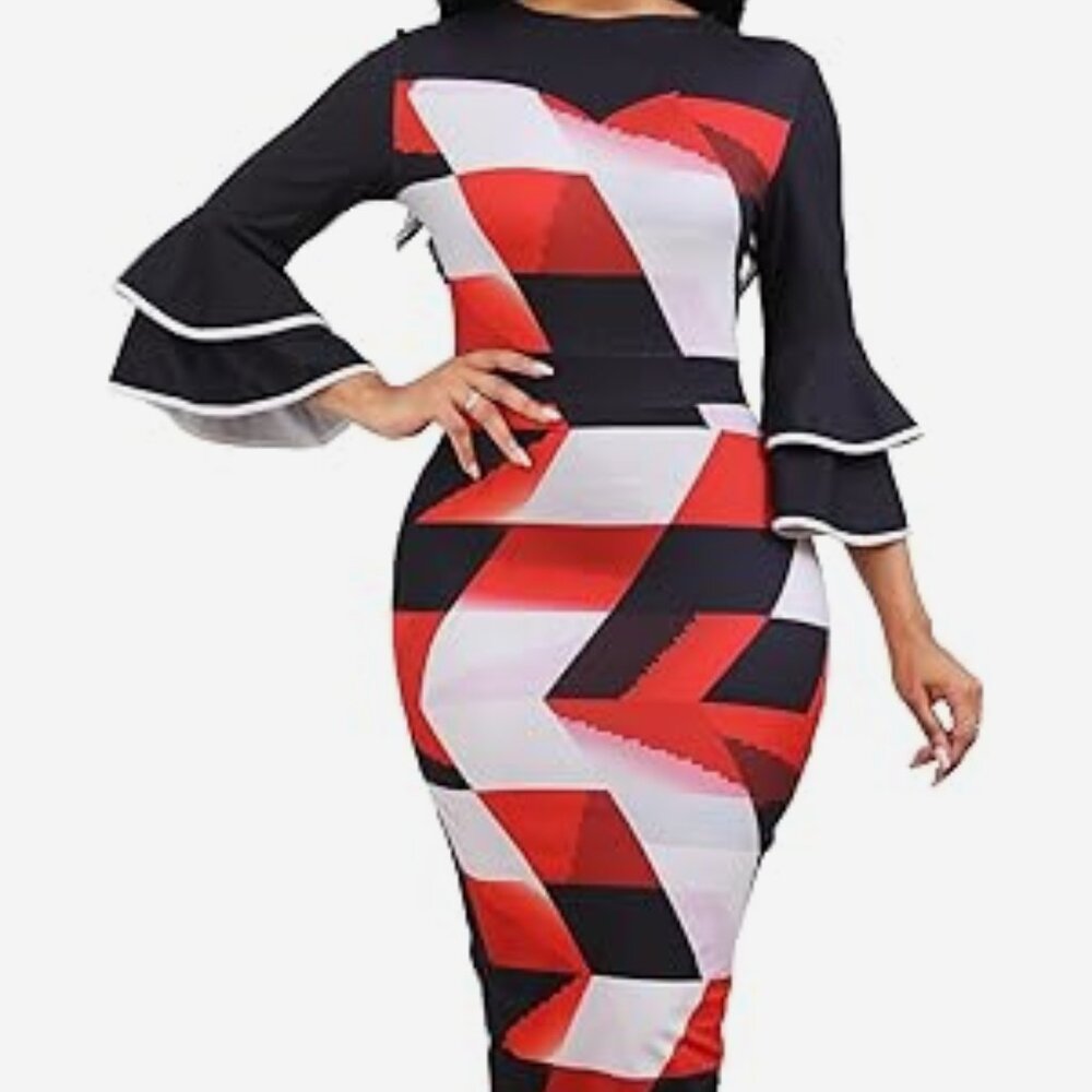 Women  Dress Bodycon Church 3/4 Sleeve African Print, XL